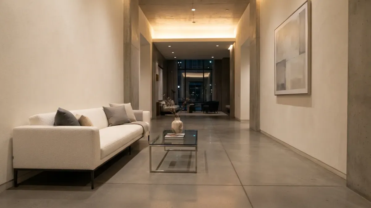 Modern urban entrance alleyway at night with architectural lighting and clean concrete pavement